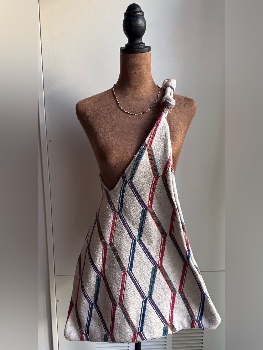 Zara Boho Diamond Pattern Tote Bag in Cream with Multicolor Accents